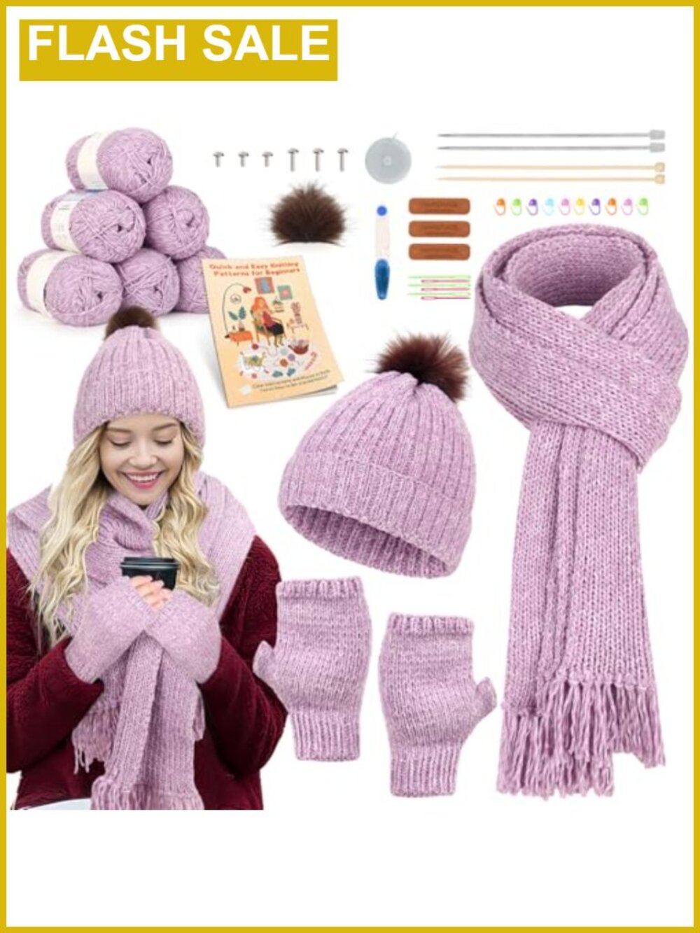 Beginner Knitting Kit with Step-by-Step Instructions Yarn Needles Complete Set